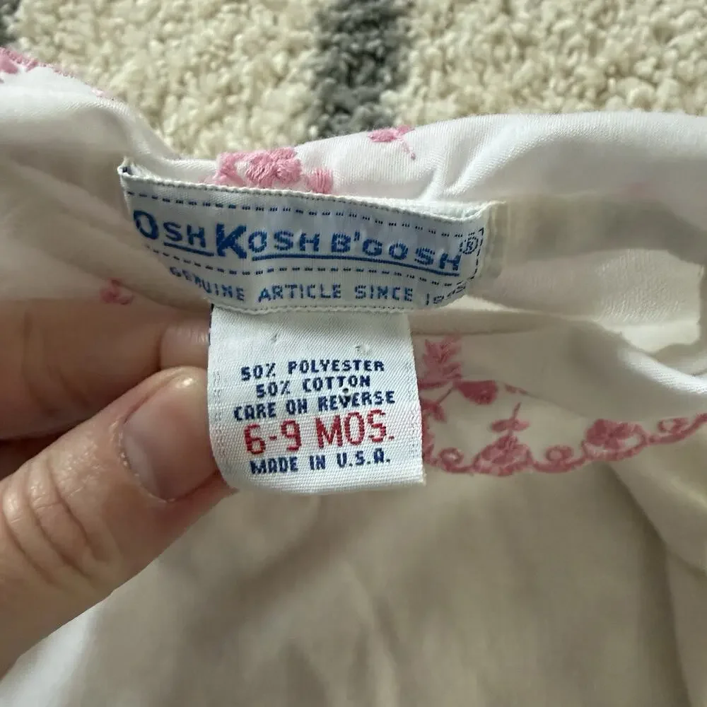 Vtg 90s OshKosh White Pink Collar Baby Girl Shirt Size 6-9 Months Embroidered